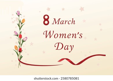 This image features the number "8" and "March" with a floral design and a red ribbon, accompanied by the message "Women's Day," set against a soft, light background with subtle decorative elements.