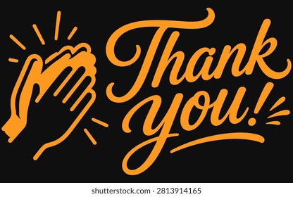 This image features an orange hand making a gesture alongside the words 'thank you' in a flowing calligraphy script against a black backdrop, conveying gratitude and appreciation.