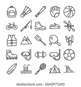 This image features outdoor, sport, recreation, icon, set, outline, adventure, activity. Outdoor sports and recreation outline icon set