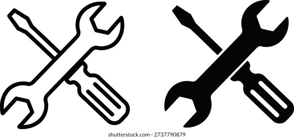 This image features a pair of crossed wrenches and screwdrivers in both black and white, set against a clean and simple background. The illustration showcases the tools in a clear and detailed manner, making it suitable for use in various contexts such as repair and maintenance, engineering, and industry. The graphic design is minimalistic, yet effective in conveying the message. The image can be used as a logo, icon, or pictogram to represent tools, hardware, and equipment.
