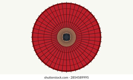 This image features a perfectly symmetrical top-down view of a traditional circular umbrella. The canopy is a deep, saturated red color, contrasted by a series of dark, radiating structural ribs that extend from the center to the outer edge. The central hub is crafted from light-colored wood, providing a natural texture that anchors the geometric design against the clean, neutral background