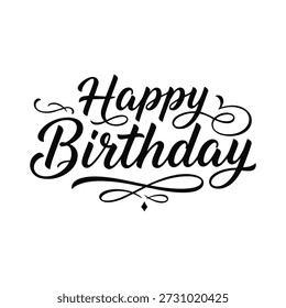 This image features the phrase 'Happy Birthday' rendered in a beautiful, flowing script font. The typography is black against a clean white background, creating a high-contrast and versatile design. It includes elegant flourishes and decorative swashes extending from certain letters, adding a touch of sophistication and festivity. This graphic is ideal for birthday cards, party invitations, banners, social media posts, or any celebratory design project, conveying a joyful and congratulatory message.