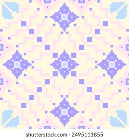 This image features a pixel art pattern with geometric shapes and symmetry, primarily using blue and purple colors, The design consists of squares and zigzag lines arranged in a repeating motif