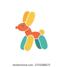 Esta Imagen cuenta con un juguetón animal globo en forma de perro, elaborado con vibrantes globos de color amarillo, naranja y verde azulado, destacando sobre un fondo blanco limpio, evocando una sensación de diversión y creatividad