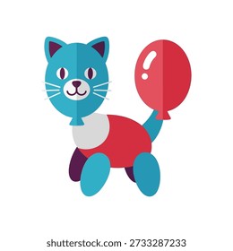 Dieses Bild zeigt eine verspielte blaue Zeichentrickkatze mit einem fröhlichen Ausdruck, die einen hellroten Ballon mit Ausrufezeichen hält, die auf einem sauberen weißen Hintergrund steht und eine skurrile und fröhliche Stimmung verströmt