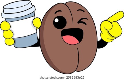 This image features a playful cartoon coffee bean mascot winking and holding a coffee cup, radiating energy and charm