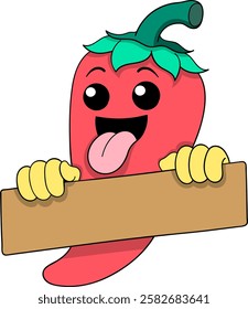 This image features a playful cartoon chili character with a bright smile, sticking out its tongue and holding a blank banner, perfect for customizable text