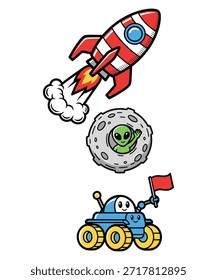 This image features a playful cartoon rocket launching into space, an alien peeking out from a moon, and a friendly rover with a flag. The artistic style is cartoonish and colorful, evoking a sense of fun and adventure. Fully editable vector EPS file suitable for design projects, print, and web.