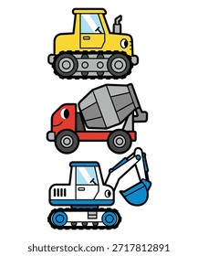 Esta Imagen presenta una ilustración divertida de estilo de dibujos animados de tres vehículos de construcción: una excavadora amarilla, una mezcladora de cemento rojo y una excavadora azul. Los vehículos están representados en un estilo plano y colorido, que evoca un sentimiento alegre y enérgico. Archivo EPS de Vector totalmente editable adecuado para proyectos de diseño, impresión y Web.