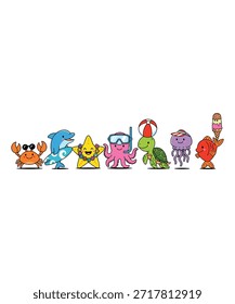 This image features a playful cartoon-style illustration of various sea creatures enjoying summer activities. The artistic style is vibrant and whimsical, evoking a cheerful and fun mood. Fully editable vector EPS file suitable for design projects, print, and web.