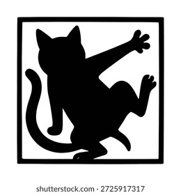 This image features a playful cat silhouette. The cat appears to be in mid-air, with its front paws stretched out and its tail extended. The silhouette is set against a white background within a square frame, creating a striking contrast.