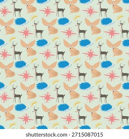 This image features a playful and colorful pattern with deer and stars. The deer are illustrated in a stylized manner, standing on a light green background. They are surrounded by vibrant stars in shades of pink, blue, and yellow, creating a cheerful and whimsical atmosphere. The design is repetitive, making it suitable for various decorative purposes.