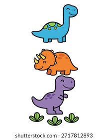 Esta Imagen presenta una ilustración de dibujos animados juguetones y coloridos de tres dinosaurios de pie en una línea de Vertical. El estilo artístico es caricaturesco, con colores vibrantes y un sentimiento alegre. Archivo EPS de Vector totalmente editable adecuado para proyectos de diseño, impresión y Web.