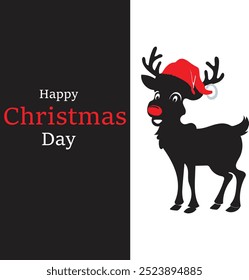 This image features a playful reindeer with a red nose and a Santa hat on the right. On the left, bold text reads "Happy Christmas Day" with a black background, contrasting the festive theme.