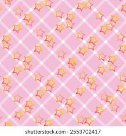 
This image features a playful repeating pattern with star motifs on a pink background. The stars are outlined in orange and yellow gradients, creating a vibrant and dynamic look. The background consi