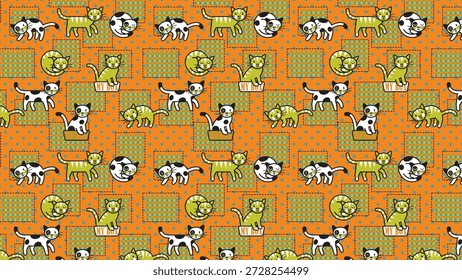 Esta Imagen presenta un patrón retro juguetón de perros y gatos de dibujos animados blancos en varias poses lindas, delineadas en verde y lima, sobre un fondo naranja con marcos cuadrados para un efecto de azulejos caprichoso.