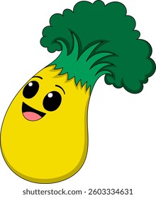 This image features a playful yellow eggplant character with large sparkling eyes, a smiling face, and a leafy green top, illustrated in a vibrant cartoon style