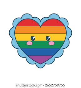 This image features pride, lgbt, lgbtq, rainbow, heart, cute, kawaii, eyes. Cute Rainbow Heart with Eyes and Cheeks for Pride Month