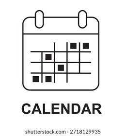 Esta Imagen cuenta con un profesional y minimalista 'Calendario' icono centrado en un fondo blanco y negro. El icono está diseñado utilizando una línea de arte gris oscuro y limpio, que representa un calendario de escritorio estándar con dos anillos en la parte superior