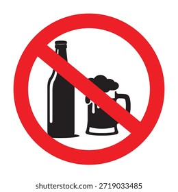 Dieses Bild zeigt ein Verbotsschild mit einem roten Kreis und einer diagonalen Linie, die sich durch ihn kreuzt. Im Inneren des Kreises ist eine Bierflasche und ein Bierbecher mit Schaumstoff oben dargestellt. Das Schild zeigt an, dass Alkohol in der Gegend nicht erlaubt ist.