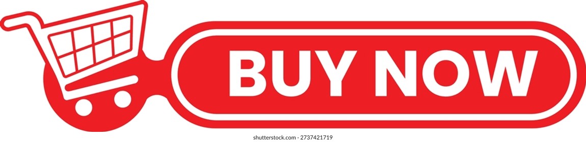 This image features a prominent red shopping cart icon accompanied by a 'BUY NOW' button, set against a clean white background. The graphic is designed to draw attention and encourage online shoppers to make a purchase. The bold red color and clear typography make it easily recognizable and actionable, perfect for use in ecommerce websites, digital marketing campaigns, and online advertisements.