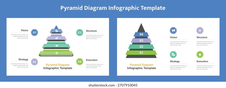 Esta Imagen presenta una Plantilla de infografía de diagrama piramidal con dos variaciones, que muestra la visión, la estrategia, la estructura y la ejecución en un proceso de cuatro pasos para presentaciones comerciales.