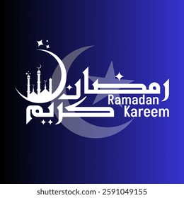 This image features a "Ramadan Kareem" greeting design with a gradient black-to-blue background. The text is written in both Arabic رمضان كريم and English Ramadan Kareem in a decorative. Eps file.