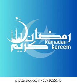 This image features a "Ramadan Kareem" greeting design with a gradient background transitioning from light blue to deep blue. The text is written in both Arabic ("رمضان كريم") and English. Eps file.