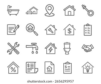 This image features real estate, home, house, icon, vector, property, building, sale. Set of Real Estate and Home Related Thin Line Icons on White Background Vector Illustration