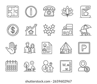 Esta Imagen cuenta con bienes raíces, propiedad, iconos, línea delgada, Vector, ilustración, casa, hogar. Iconos de bienes raíces y propiedades en estilo de línea fina sobre fondo blanco Ilustración vectorial