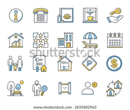 This image features real estate, icons, property, management, investment, amenities, house, home. Real Estate Services Icons Set Property Management Investment and Amenities in a Modern Style