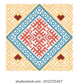 This image features a red diamond-shaped cross-stitch pattern framed by blue and white borders, set against a yellow background with intricate geometric motifs, creating a vibrant, traditional design.