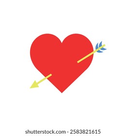 This image features a red heart pierced by a yellow arrow with blue feathers. The design is simple and modern, set against a white background