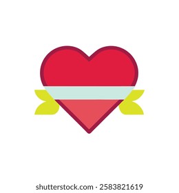 This image features a red heart with a light blue ribbon wrapped around its center, accompanied by yellow ribbons on both sides. The design is playful and simple, set against a white background