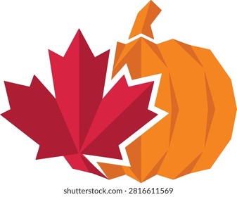 This image features a red maple leaf and an orange pumpkin, rendered as a polygonal vector illustration against a white background.