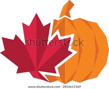 This image features a red maple leaf and an orange pumpkin, rendered as a polygonal vector illustration against a white background.