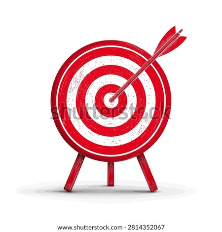 This image features a red and white target with an arrow piercing its center. The composition showcases a close-up perspective against a clean white backdrop, emphasizing the primary subject. The style appears graphic, with bold colors and distinct lines, possibly suitable for business, advertising, or concept-driven projects.