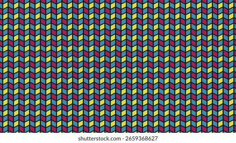 This image features a repeating chevron pattern with zigzag rows of blue, yellow, and magenta, outlined in black, creating a bold, dynamic, and retro geometric effect.