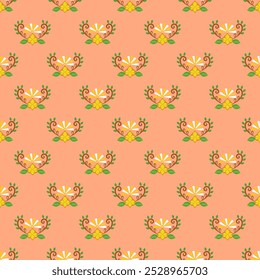 This image features a repeating floral pattern with stylized yellow flowers and green leaves on a peach background.