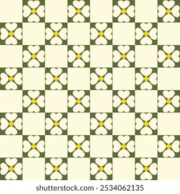 Esta imagem apresenta um padrão floral repetitivo com corações, margaridas e quadrados verdes e brancos quadriculados.