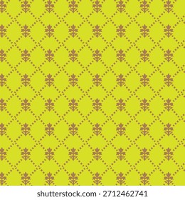 This image features a repeating geometric pattern on a bright lime green background. Small brown dots form diagonal lines, creating diamond shapes. Within each diamond, a stylized brown floral or lea