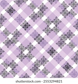 
This image features a repeating pattern design with a checkered background in shades of light purple and white. Overlaid on the checkered grid are intricate floral motifs in black and gray, creating 