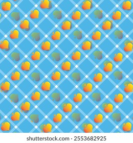 This image features a repeating pattern with vibrant and colorful hearts arranged diagonally on a blue background. The hearts display a gradient blending orange, yellow, and red tones, complemented by