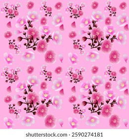 This image features a repeating pattern of pink and white cherry blossoms on a soft pink background. The flowers are delicately detailed and create a visually appealing, elegant design.