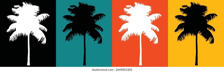 This image features a repeating pattern of palm tree silhouettes against four distinct, solid color vertical blocks.