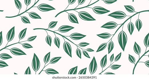This image features a repeating pattern of stylized dark green leaves and branches against a soft, light cream backdrop, evoking a natural and serene aesthetic.