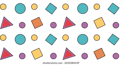 This image features a repeating pattern of simple geometric shapes like circles squares and triangles in various bright colors arranged across a white backdrop.