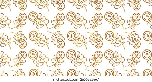This image features a repeating pattern of delicate golden branches adorned with oval leaves and intricate circular floral designs, creating a visually appealing and organic texture.