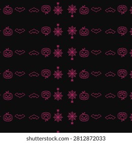This image features a repeating pattern of pink neon Halloween icons, including jack-o-lanterns, bats, spider webs, and spiders, on a solid black background.