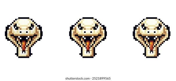 This image features a retro pixel art design of a cartoon snake with its mouth open, showcasing a playful and vintage style. Perfect for gaming or nostalgic digital themes.